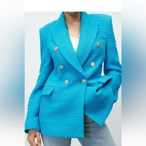 Zara Bright Turquoise Double-Breasted Textured Blazer